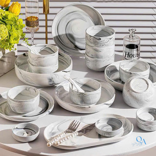 Bán lẻ| Bát đĩa sứ vân đá cao cấp| Bộ bát đĩa sứ 26 món/pcs vân mây| Bộ bát đĩa đẹp LUXURY TABLEWARE
