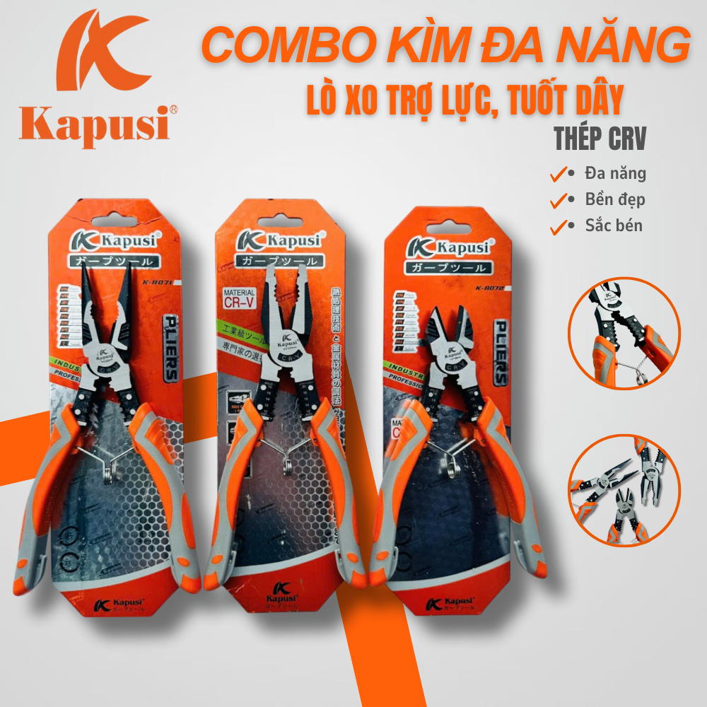 Bộ 3 Kìm Đa Năng Kapusi CR-V – Cắt, Nhọn, Bằng – Có Lò Xo, Tuốt Dây, Tay Cầm Chống Trượt