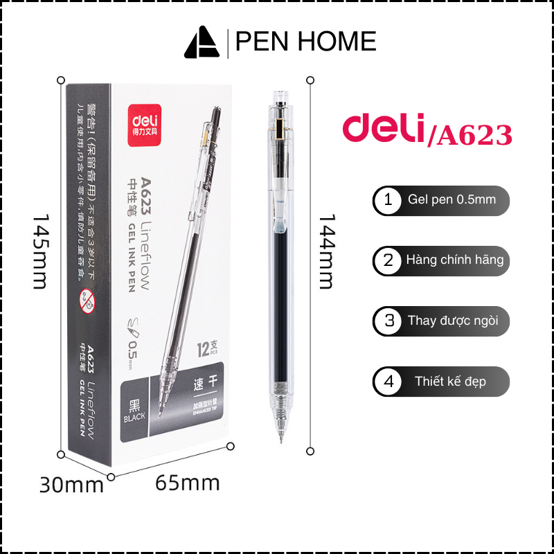 Bút Gel Bấm Deli A623 0.5mm Bút Nhấn Thiết Kế Trong Suốt, Mực Đen Nhanh Khô, Viết Êm Trơn