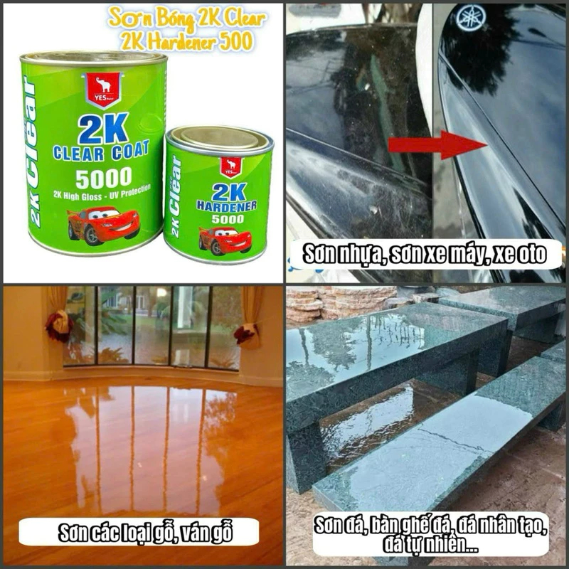 Bộ 1Kg Sơn Phủ Bóng Cao Cấp 2K Clear Coat 500 - Dùng cho chậu, gỗ, xe máy, ô tô - Chống