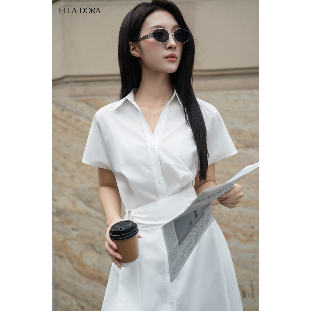 Đầm sơ mi ELLA DORA dáng dài công sở Hàn Quốc thiết kế suông có đai hai màu trắng/đen [D225]