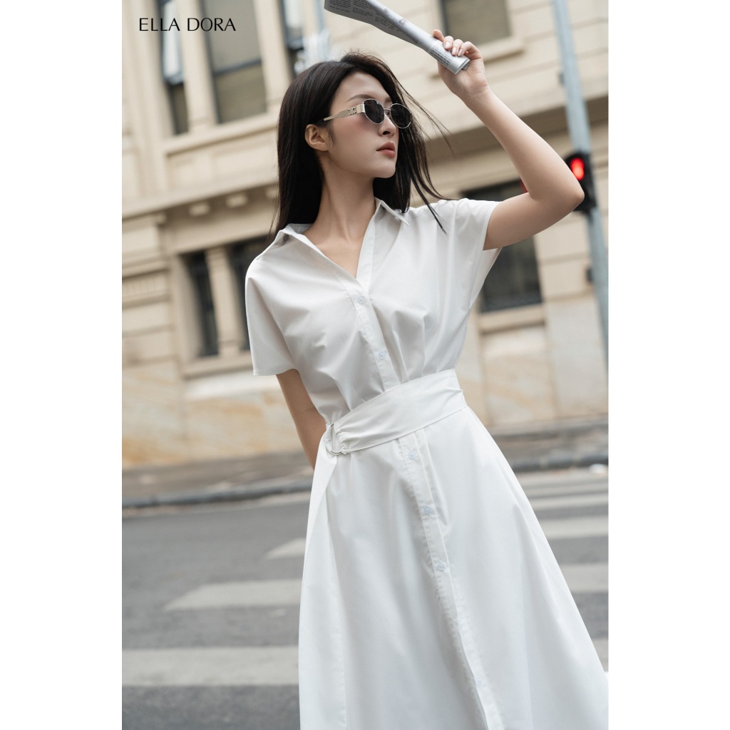 Đầm sơ mi ELLA DORA dáng dài công sở Hàn Quốc thiết kế suông có đai hai màu trắng/đen [D225]