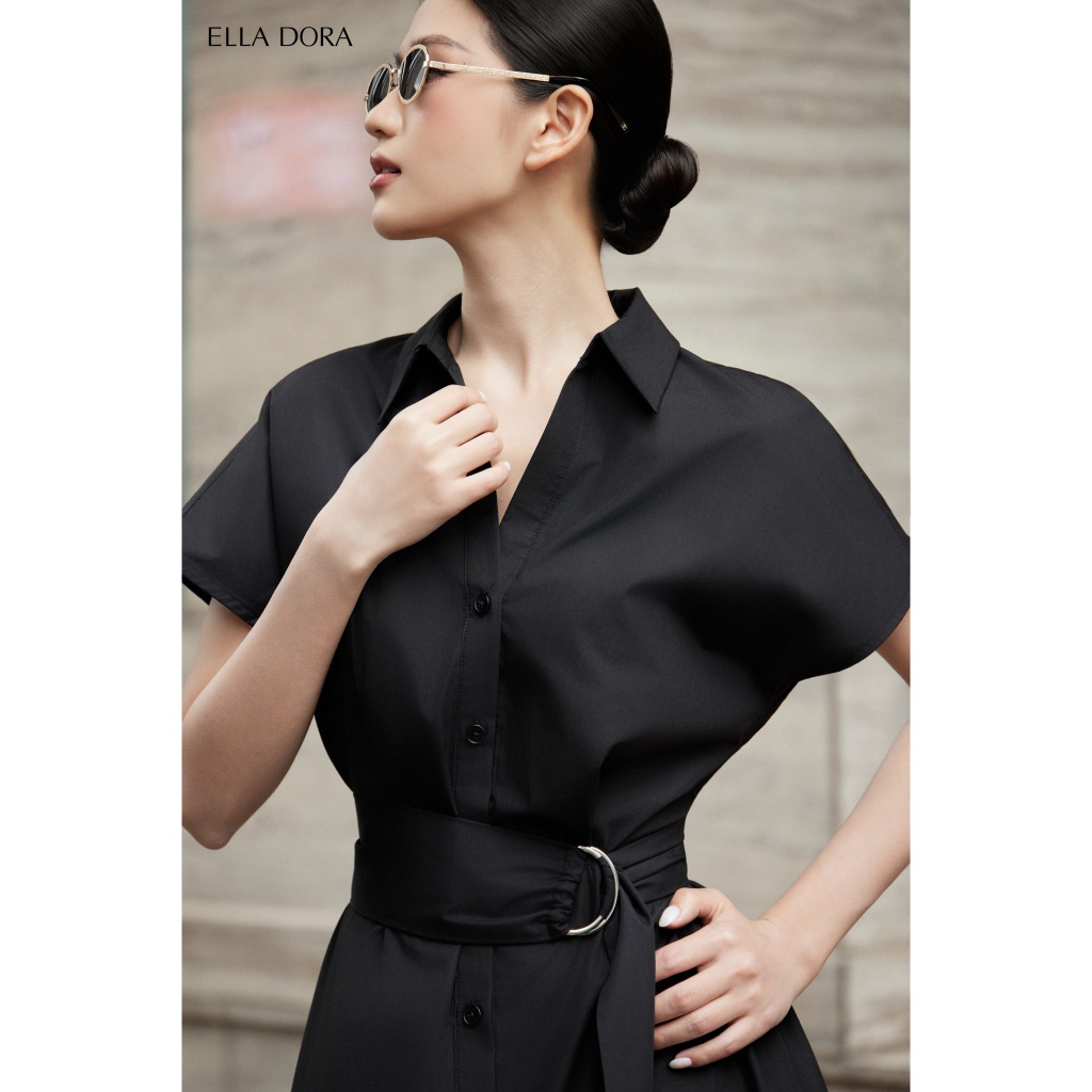 Đầm sơ mi ELLA DORA dáng dài công sở Hàn Quốc thiết kế suông có đai hai màu trắng/đen [D225]