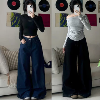 Quần jean Ống Suông rộng Chỉ Nổi MIAA Lưng Cao tôn dáng đủ size, quần bò ống suông lưng cao vibe thu đông ống rộng 28cm