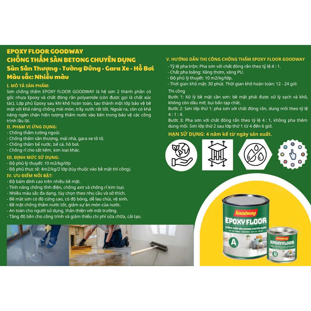 {Bộ 1Kg} Sơn Sàn Chống Thấm EPOXY FLOOR GOODWAY-Sơn chống thấm sân thượng, tường, kho xưởng, hồ bơi
