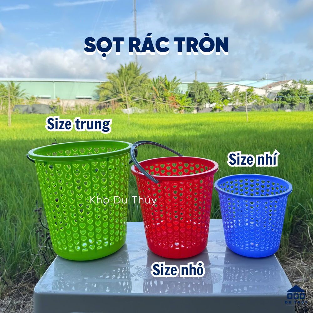 Sọt rác nhựa tròn không quai, có quai, hoạ tiết trái tim đủ size, 4 màu ...