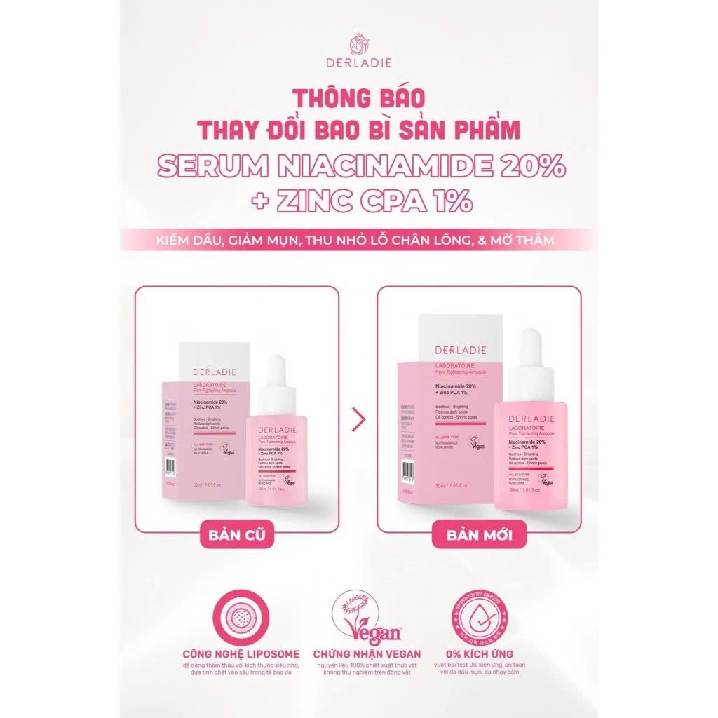 Serum Niacinamide 20% Derladie Laboratoire Pore Tightening Ampoule Giảm Dầu, Thu Nhỏ Lỗ Chân Lông 30ml