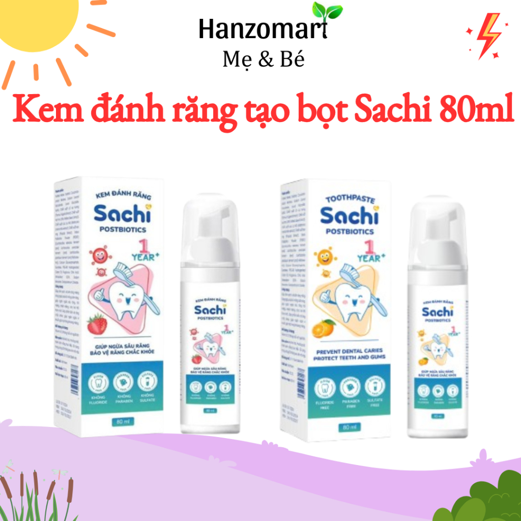 Kem đánh răng tạo bọt Sachi Postbiotics giúp làm sạch,ngừa sâu răng, khử mùi hôi miệng cho bé - 80ml