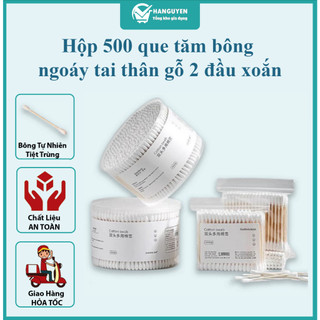 Hộp 500 que tăm bông ngoáy tai - thân gỗ 2 đầu xoắn, tiệt trùng, thân thiện môi trường