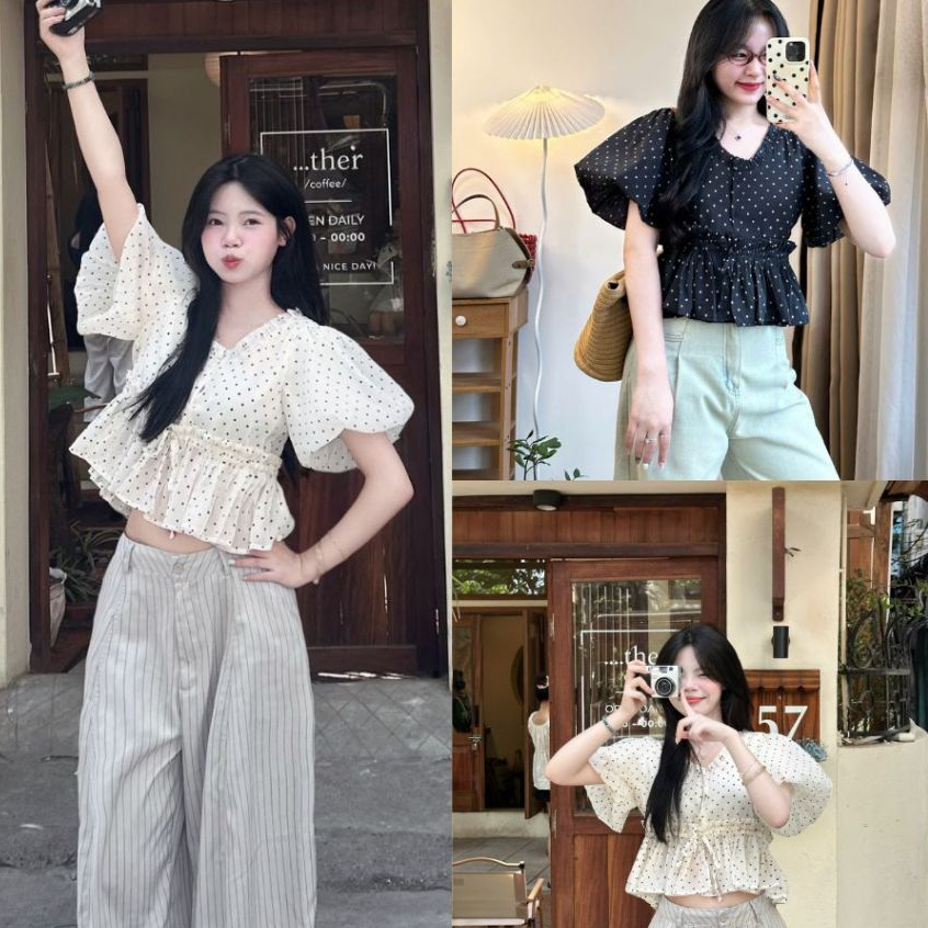Áo  Sơ Mi Dáng Babydoll Crop Chấm Bi Tay Bồng Viền Bèo Dáng Bo Eo Dây Rút Cổ Tròn Joolate