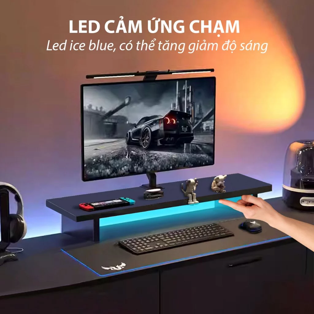 Kệ màn hình máy tính LED sạc không dây USB kệ để máy tính bàn giá đỡ màn hình kê PC gỗ trắng