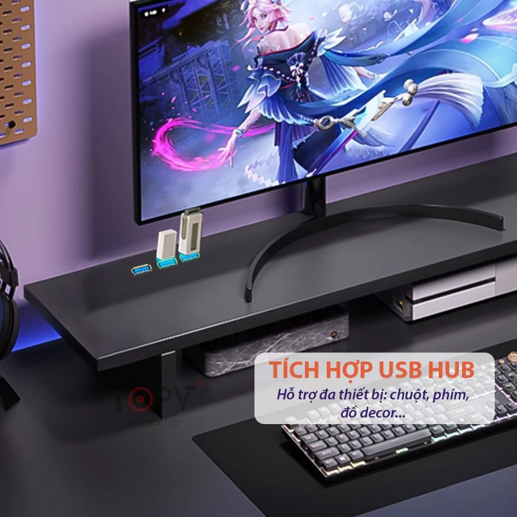 Kệ màn hình máy tính LED sạc không dây USB kệ để máy tính bàn giá đỡ màn hình kê PC gỗ trắng