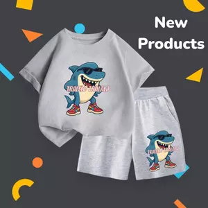 Bộ cộc tay cotton cho bé – In hình cá mập Tralela Tralala, vải mềm mát, mặc thoải mái cả ngày (M 223)