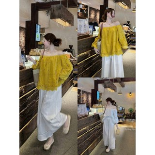 Set bộ thời trang nữ 2 màu Áo chất Thô Trễ Vai Tay Dài phối Quần Đũi DàI Ống Rộng phong cách đi biển hot thanh lịch