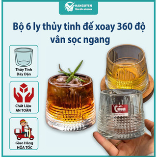 Bộ 6 ly thủy tinh đế xoay 360 độ cao cấp - cốc chịu nhiệt đế lồi vân sọc ngang sang trọng