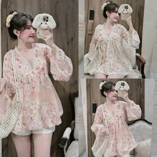 Set bộ thời trang nữ cực đáng yêu áo chất Xô cổ chữ V tay dài ống rộng hoạ tiết Thêu nổi bật mix quần Tuyết Mưa short