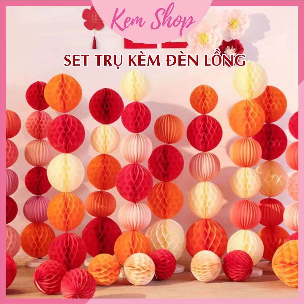 Set trụ đứng kèm đèn lồng tổ ong trang trí lễ hội, đám cưới, sự kiện - Kem Shop K108