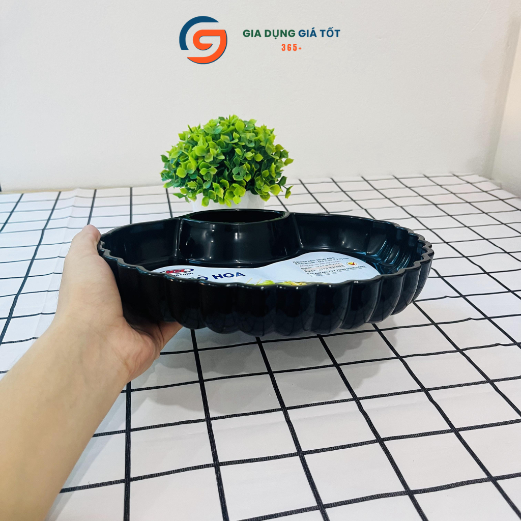 Đĩa sò hoa nhựa Song Long có ngăn chấm tiện lợi, đựng mứt trái cây bánh kẹo đồ ăn vặt