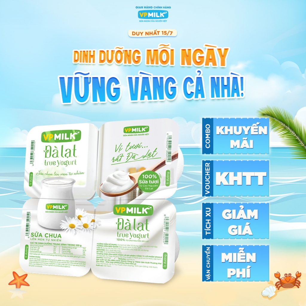 Sữa chua ăn VPMilk Đà Lạt True Yogurt ít đường T48H 100g