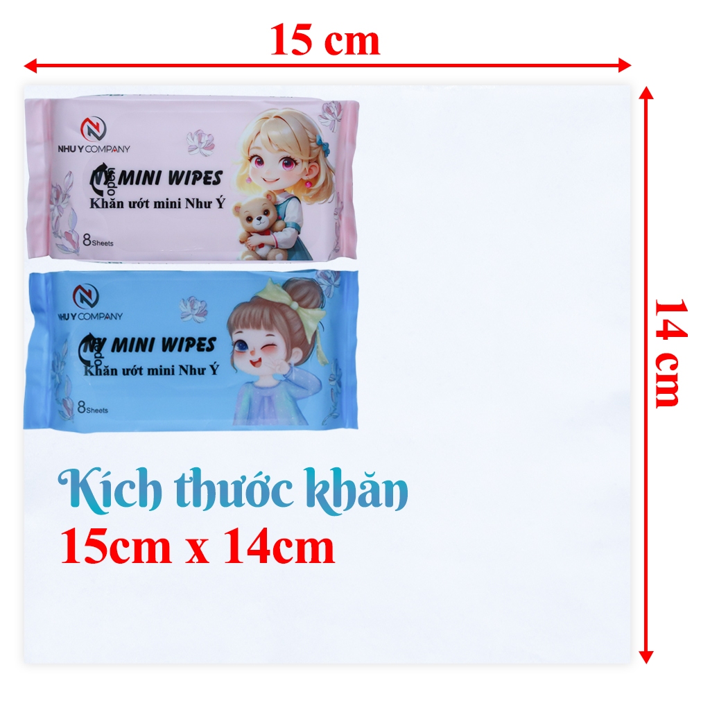 [1 thùng 384 gói] khăn ướt mini Như Ý Company, nhỏ gọn tiện lợi không mùi không chất bảo quản - Gói 8 tờ khăn