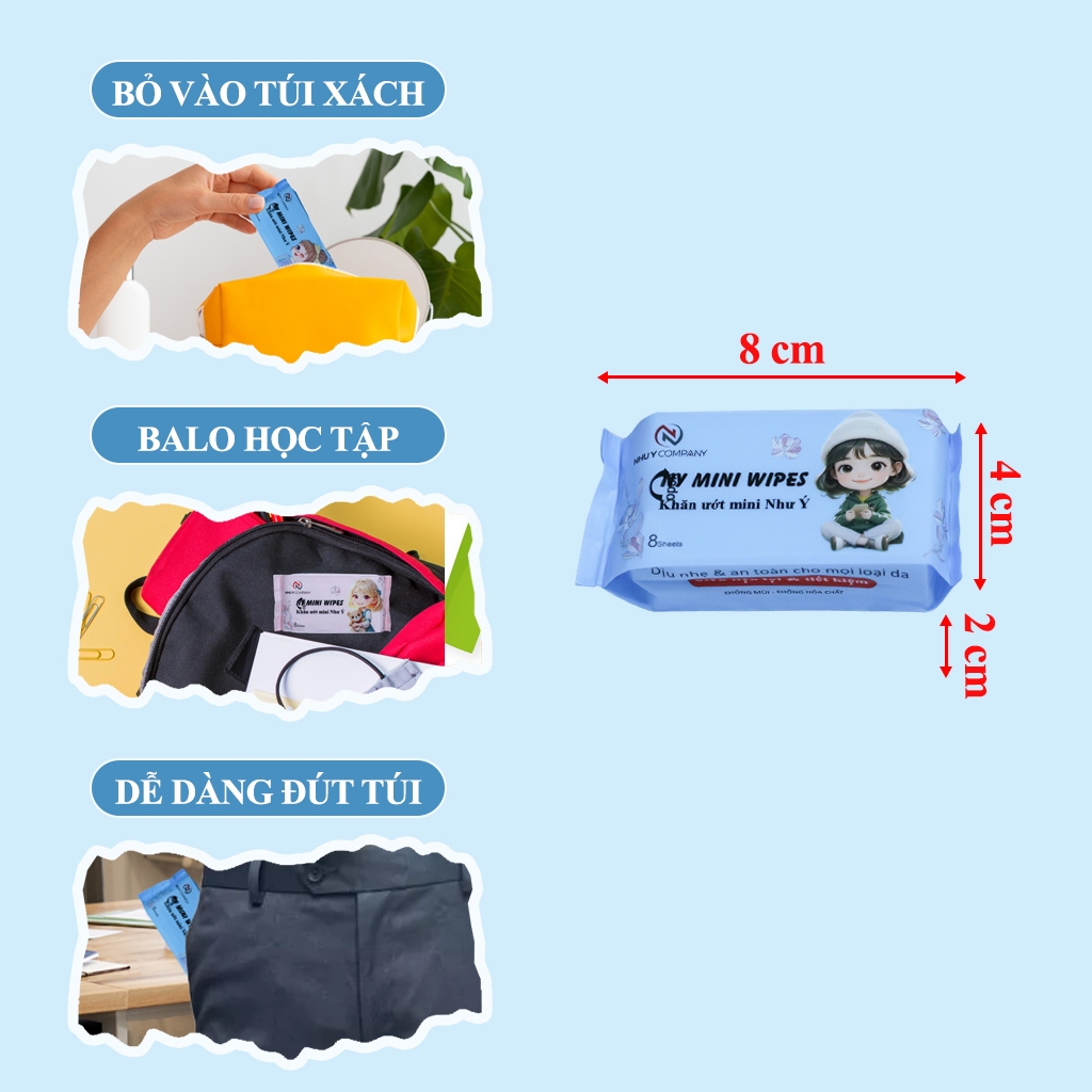 [1 thùng 384 gói] khăn ướt mini Như Ý Company, nhỏ gọn tiện lợi không mùi không chất bảo quản - Gói 8 tờ khăn