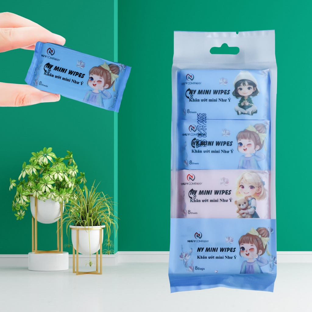 [1 thùng 384 gói] khăn ướt mini Như Ý Company, nhỏ gọn tiện lợi không mùi không chất bảo quản - Gói 8 tờ khăn