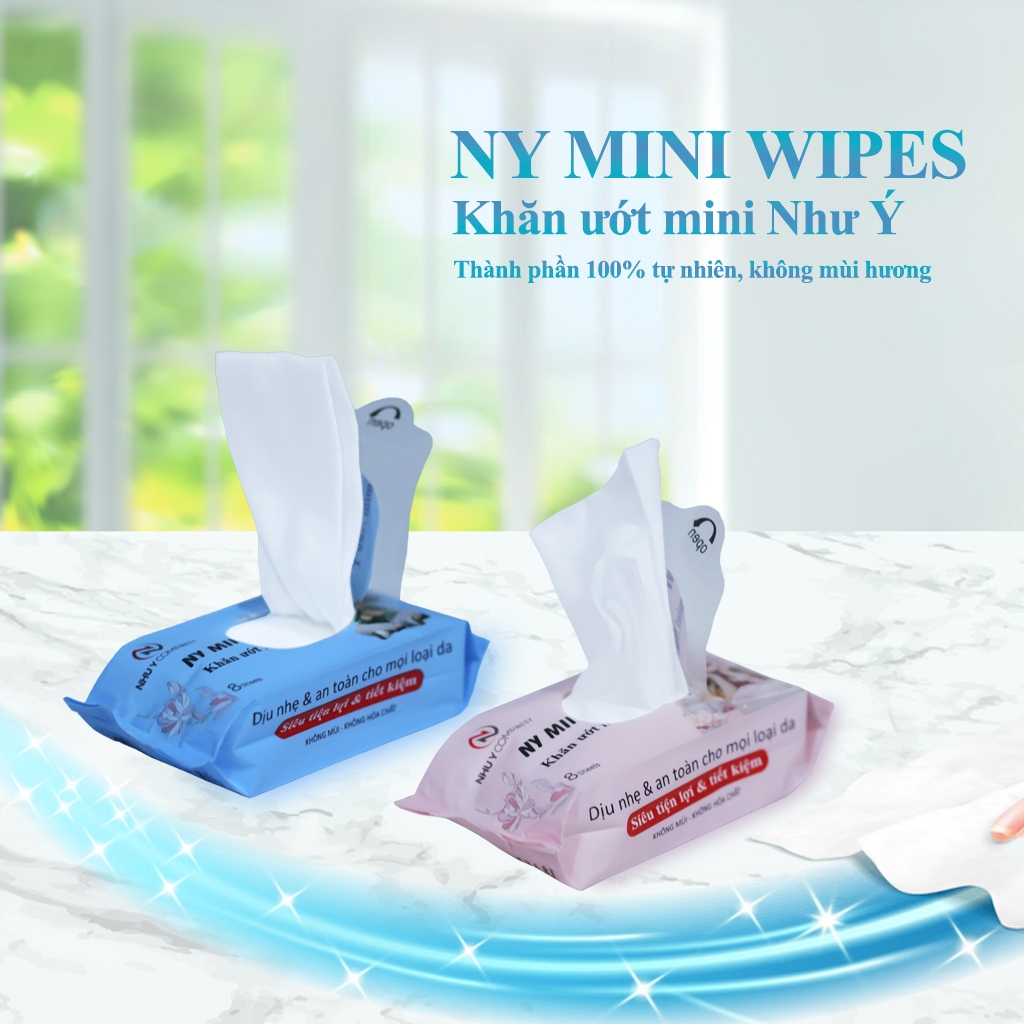[1 thùng 384 gói] khăn ướt mini Như Ý Company, nhỏ gọn tiện lợi không mùi không chất bảo quản - Gói 8 tờ khăn
