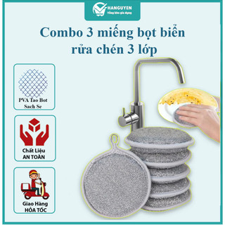 Combo 3 miếng bọt biển rửa chén 3 lớp - giẻ cọ xoong nồi đa năng tạo bọt tiện lợi #A257