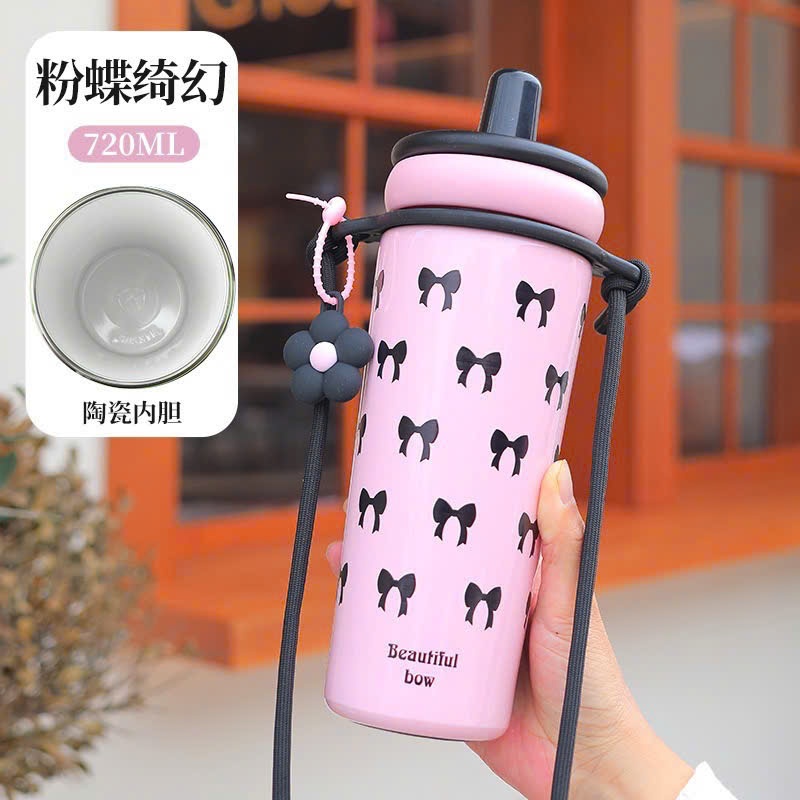Ly Giữ Nhiệt Daisy Tráng Sứ Cao Cấp 720ml Tặng Kèm Dây Quai Đeo Charm Hoa Xinh Xắn