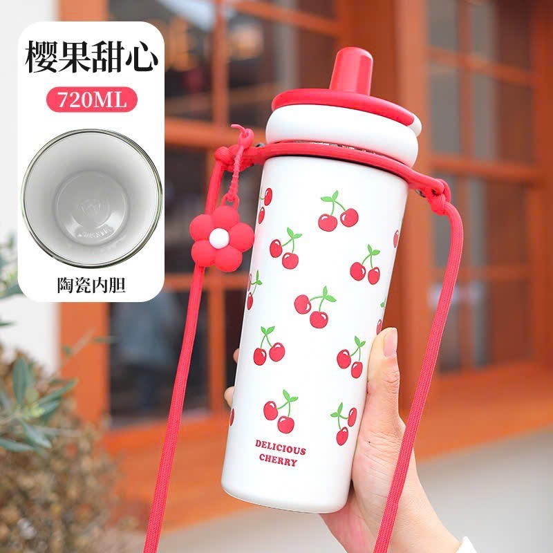 Ly Giữ Nhiệt Daisy Tráng Sứ Cao Cấp 720ml Tặng Kèm Dây Quai Đeo Charm Hoa Xinh Xắn
