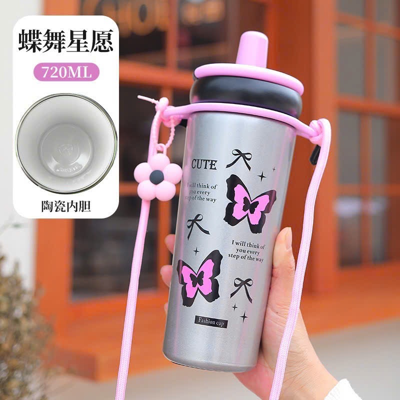 Ly Giữ Nhiệt Daisy Tráng Sứ Cao Cấp 720ml Tặng Kèm Dây Quai Đeo Charm Hoa Xinh Xắn