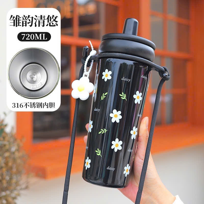 Ly Giữ Nhiệt Daisy Tráng Sứ Cao Cấp 720ml Tặng Kèm Dây Quai Đeo Charm Hoa Xinh Xắn
