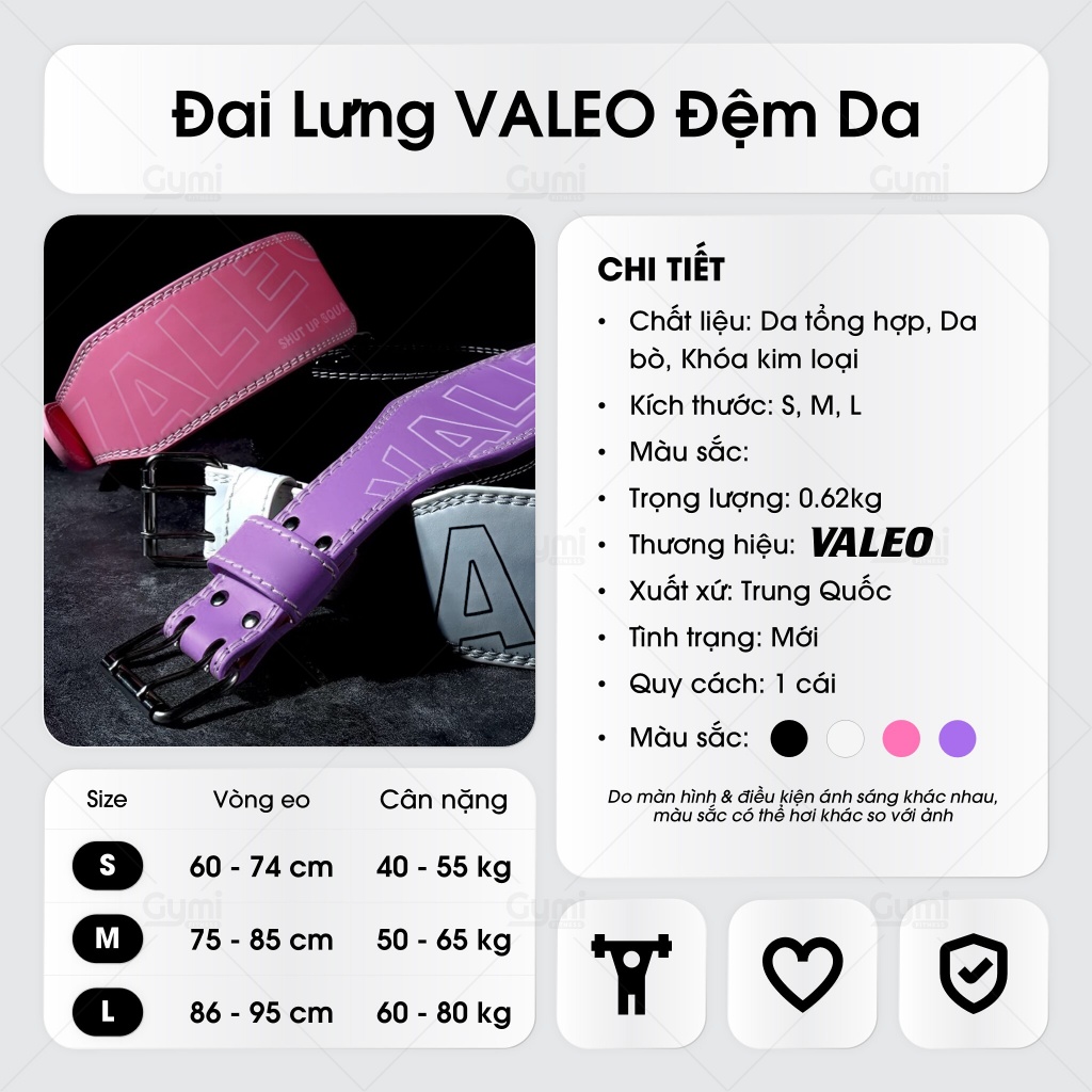 Đai Lưng Da Valeo Có Màu Đệm Mềm - Luyện Tập Thể Hình, Thể Thao - Hỗ Trợ Squat, Tập Tạ - DL-ValeoDemMau
