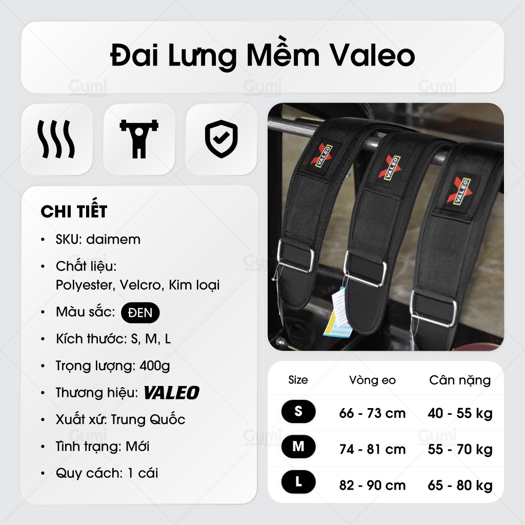 Đai Lưng Mềm Tập Gym Valeo, Phụ Kiện Thể Thao - Đai Squat, Deadlift Chất Liệu Nylon Dày - DL-ValeoMem