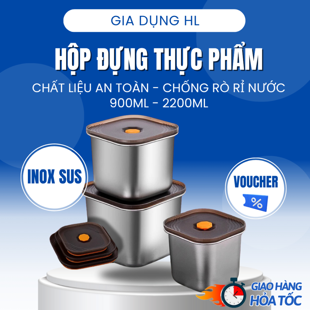 Hộp đựng thực phẩm bằng inox dung tích 2200ml, 4000ml, khay đựng đồ để tủ lạnh có nắp đậy ngăn mùi