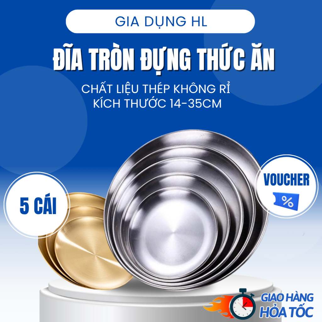 Sét đĩa inox tròn Hàn Quốc màu bạc và vàng, đựng thực phẩm, hoa quả, trang trí, dễ vệ sinh