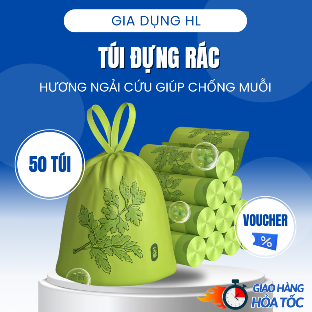 SET 50 túi đựng rác hương ngải cứu  siêu dai, có dây rút tiện lợi, xua đuổi ruồi muỗi, côn trùng