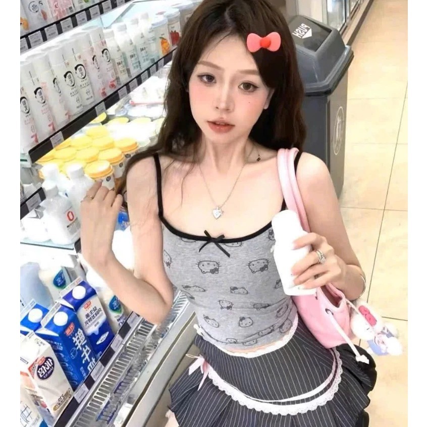 Áo 2 dây nữ đính nơ in kín mặt mèo siêu sexy kèm đệm ngực-Áo 2 dây nữ sexy fresize 38-55kg