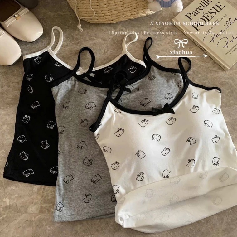 Áo 2 dây nữ đính nơ in kín mặt mèo siêu sexy kèm đệm ngực-Áo 2 dây nữ sexy fresize 38-55kg