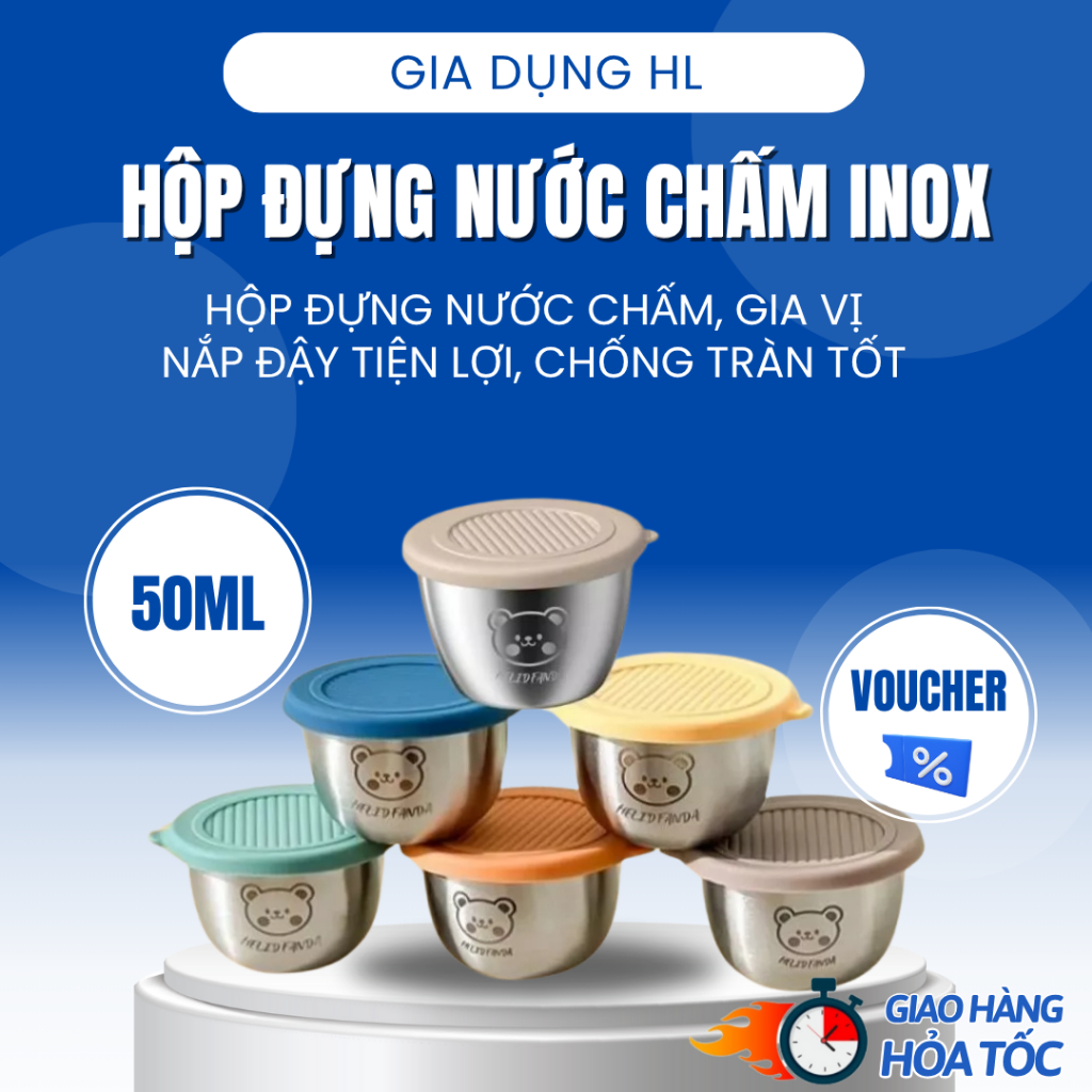 Hộp đựng nước chấm, gia vị inox 304 chống tràn 50ml, an toàn, không gỉ,  có nắp tiện lợi