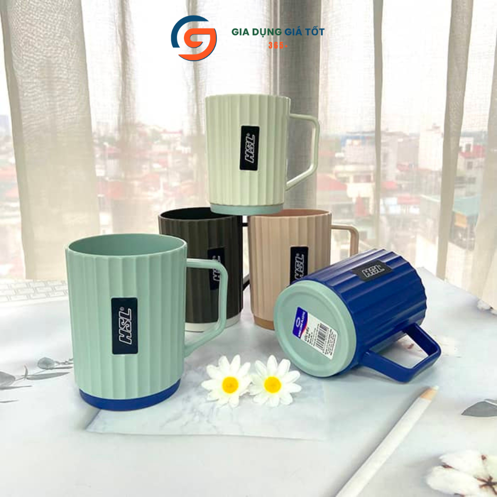 Cốc nhựa HSL 350ml có quai, ly uống nước cao vân sọc, dùng gia đình văn phòng tiện lợi