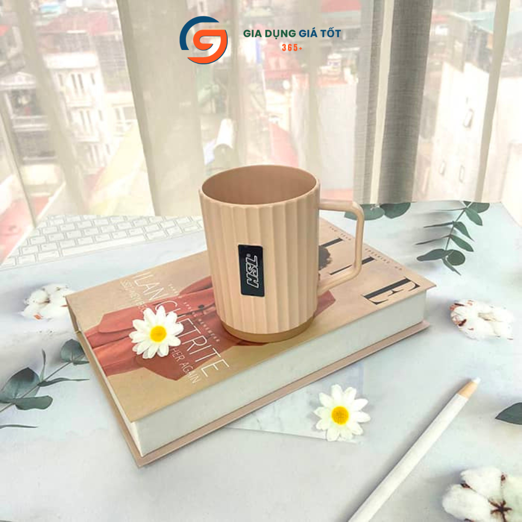 Cốc nhựa HSL 350ml có quai, ly uống nước cao vân sọc, dùng gia đình văn phòng tiện lợi