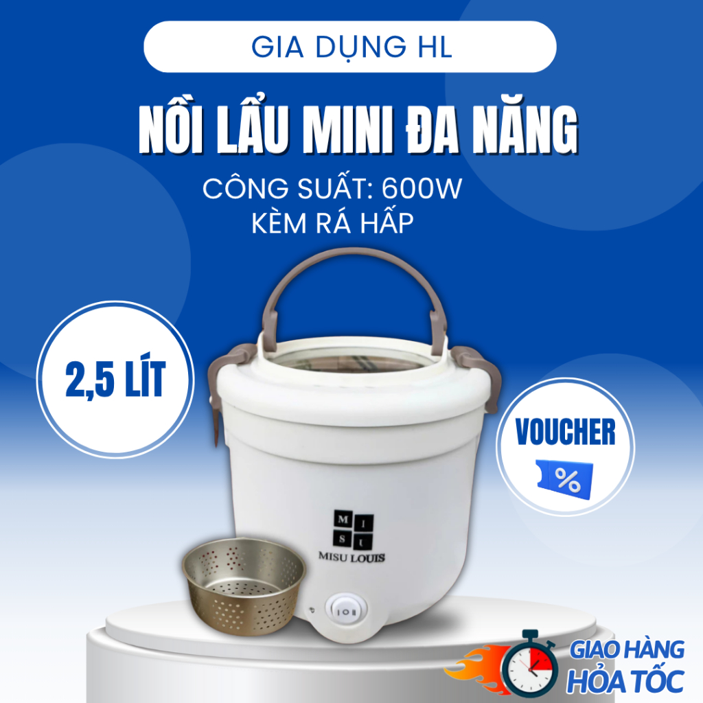 Nồi Lẩu Điện Mini Đa Năng Công Suất 600W Kèm Gía Hấp Dung Tích 2,5L Chống Dính, Dễ Dàng Vệ Sinh