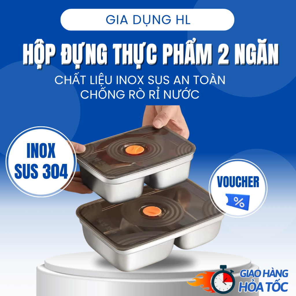 Khay đựng thực phẩm 2 ngăn inox to để tủ lạnh ngăn mùi có nắp đậy, hộp đựng đồ bảo quản tiện dụng