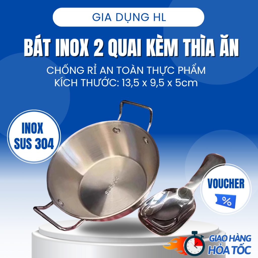 Bát inox SUS 304 có quai kèm thìa, bát mì Hàn Quốc dày dặn, chống gỉ, dùng ăn cơm, cháo, ngũ cốc