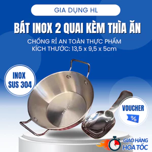 Bát inox SUS 304 có quai kèm thìa, bát mì Hàn Quốc dày dặn, chống gỉ, dùng ăn cơm, cháo, ngũ cốc