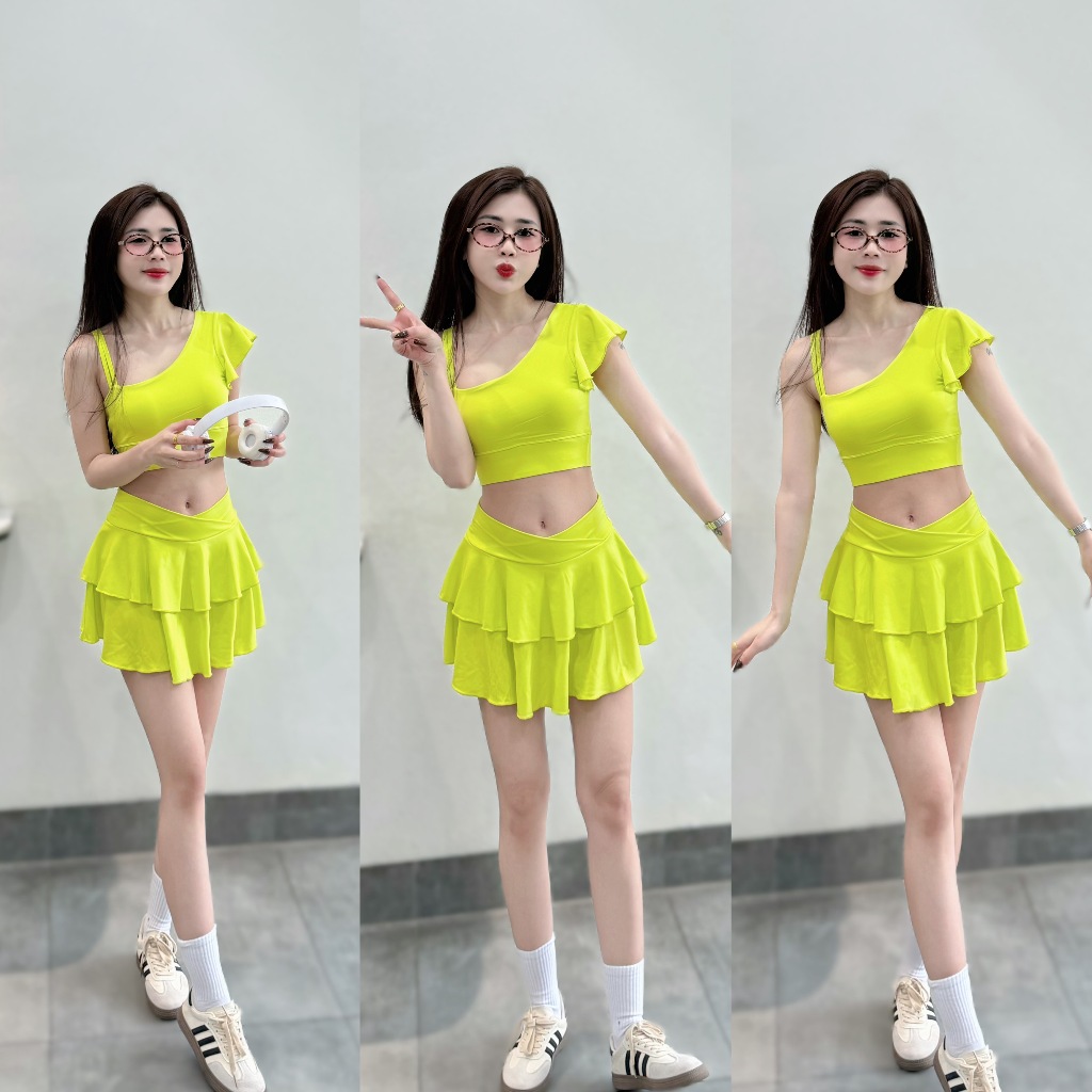 Bộ thể thao Váy tầng cạp chéo 2 lớp, áo lệch tập Pickleball, gym, yoga, aerobic... Tặng Mút (LT-01)