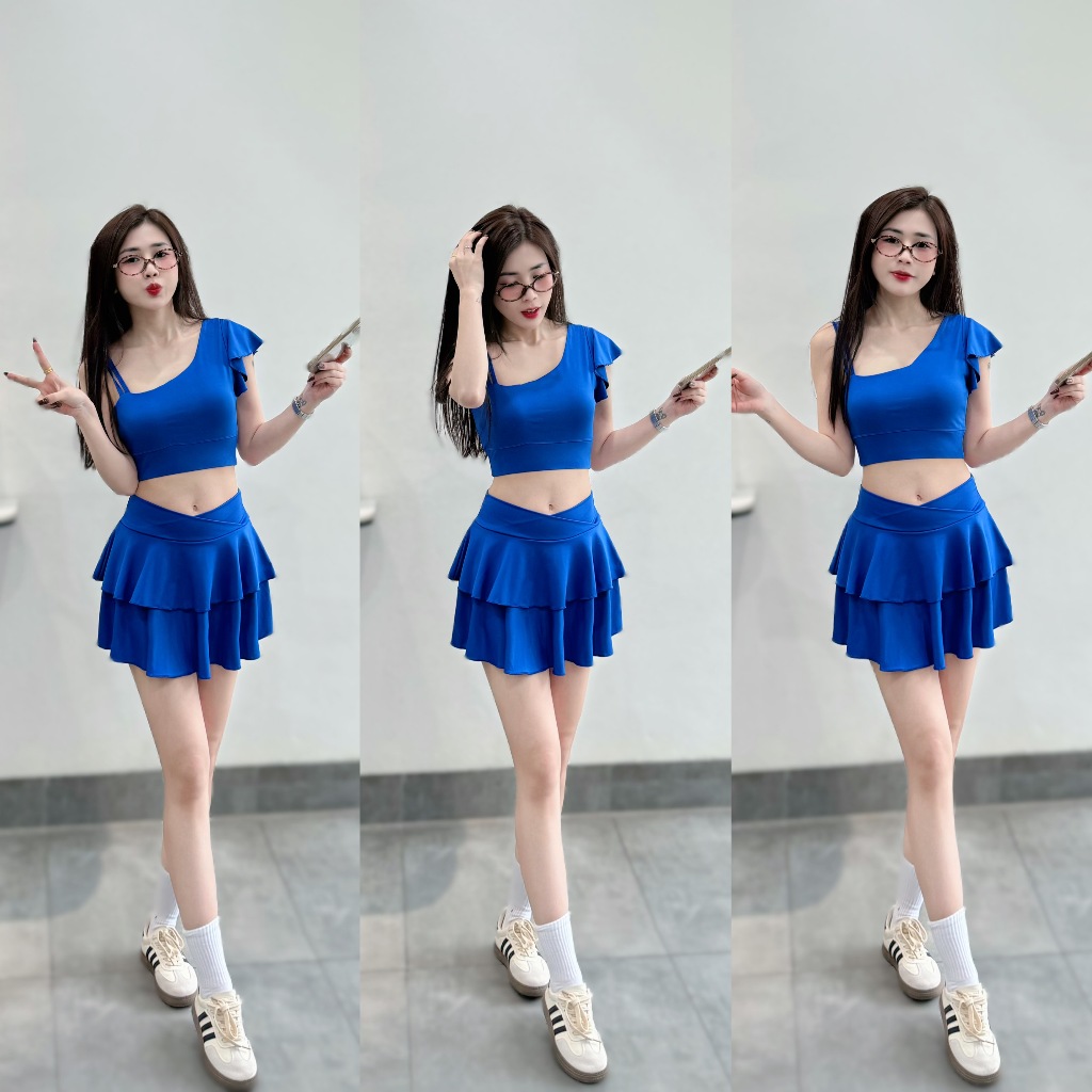 Bộ thể thao Váy tầng cạp chéo 2 lớp, áo lệch tập Pickleball, gym, yoga, aerobic... Tặng Mút (LT-01)