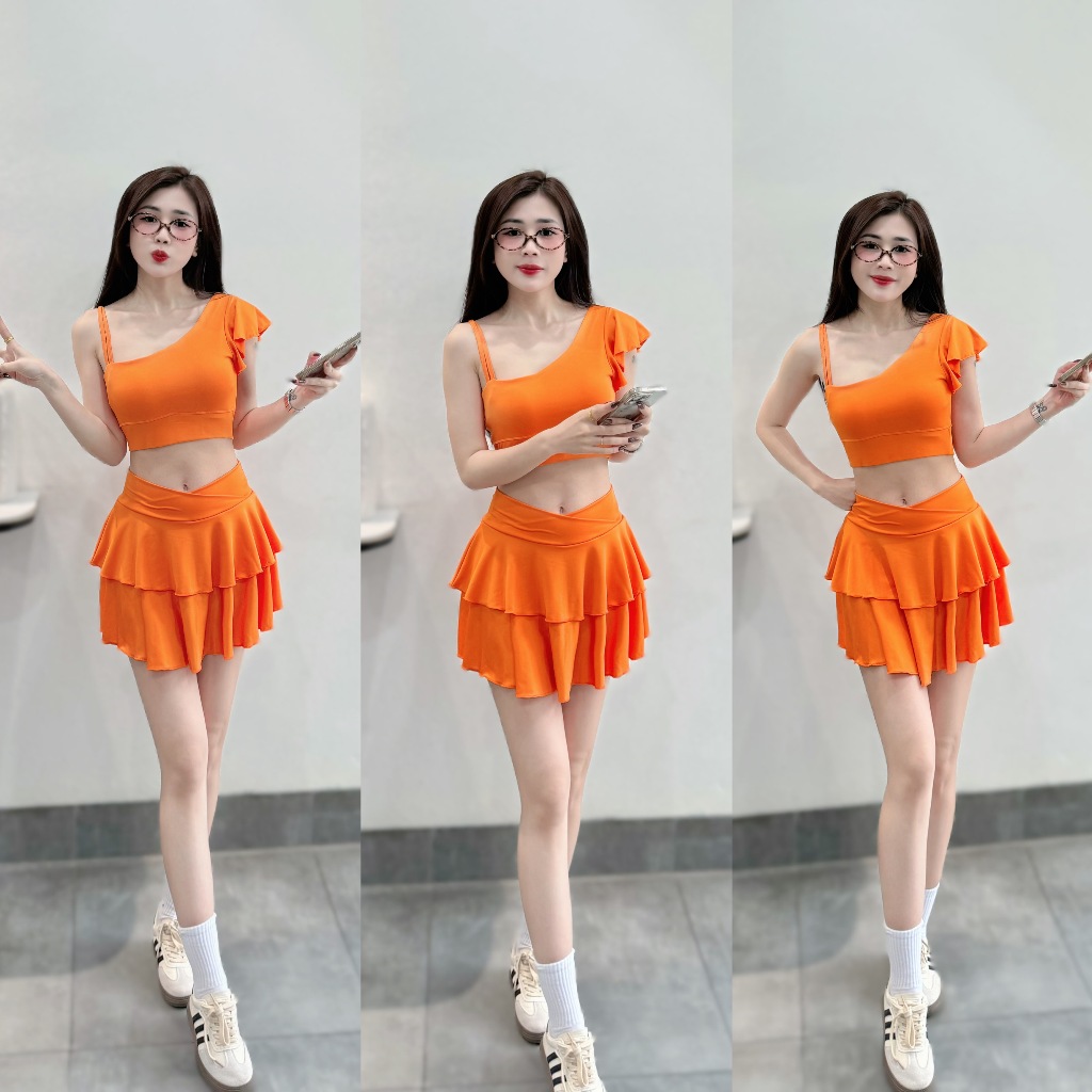 Bộ thể thao Váy tầng cạp chéo 2 lớp, áo lệch tập Pickleball, gym, yoga, aerobic... Tặng Mút (LT-01)