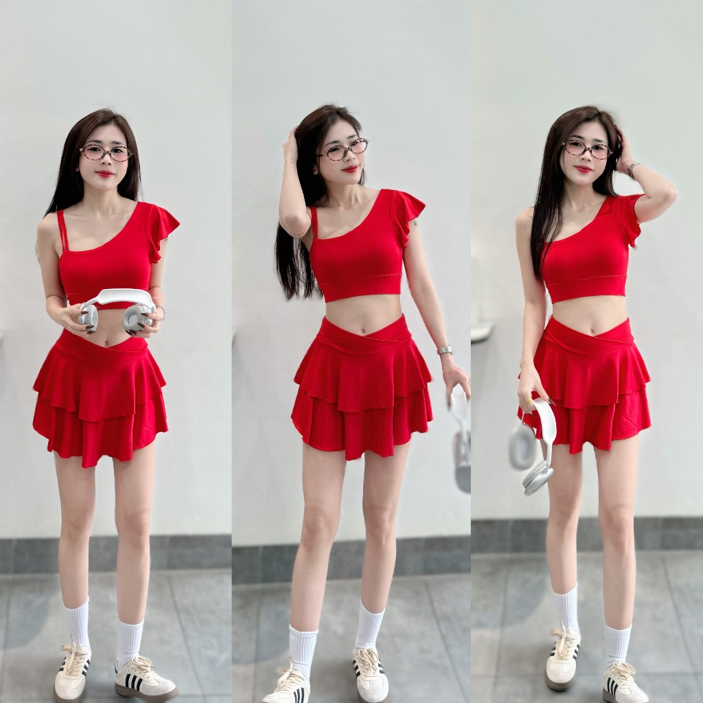 Bộ thể thao Váy tầng cạp chéo 2 lớp, áo lệch tập Pickleball, gym, yoga, aerobic... Tặng Mút (LT-01)